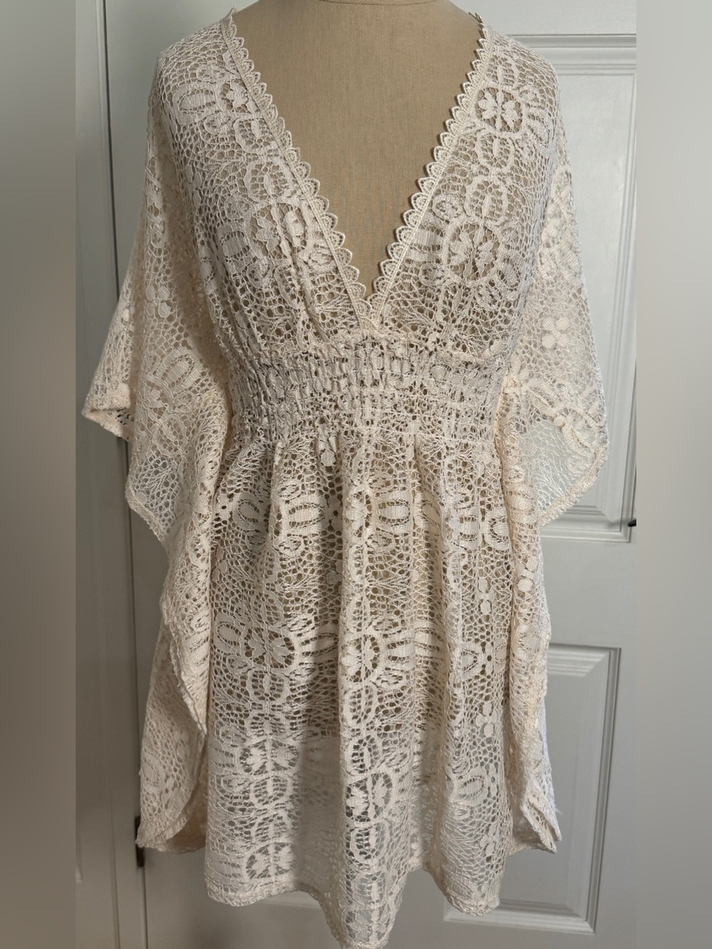 Xhilaration Womens Lace Cream Boho Swim Cover Up Dress M Kimono Tassel Beach NEW